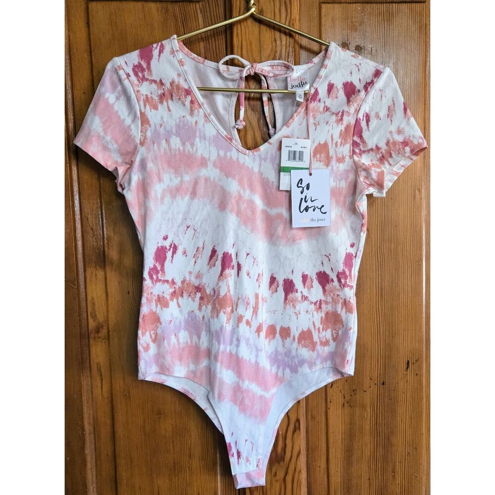 Y2K Women’s Bodysuit Pink Watercolor Tie Dye Short Sleeve Boho Flirty Size L